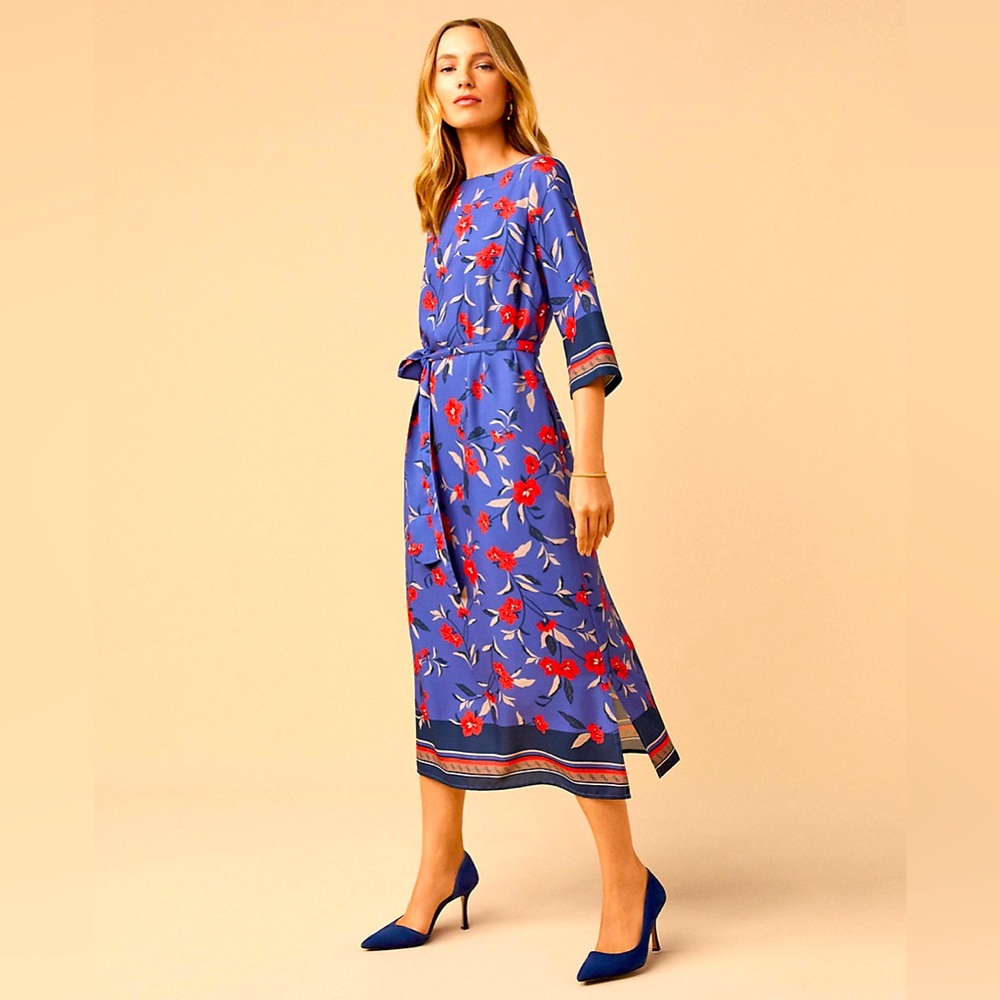 Ann Taylor Border Floral Belted Midi Dress